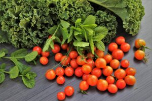 cherry tomatoes, lettuce, basil